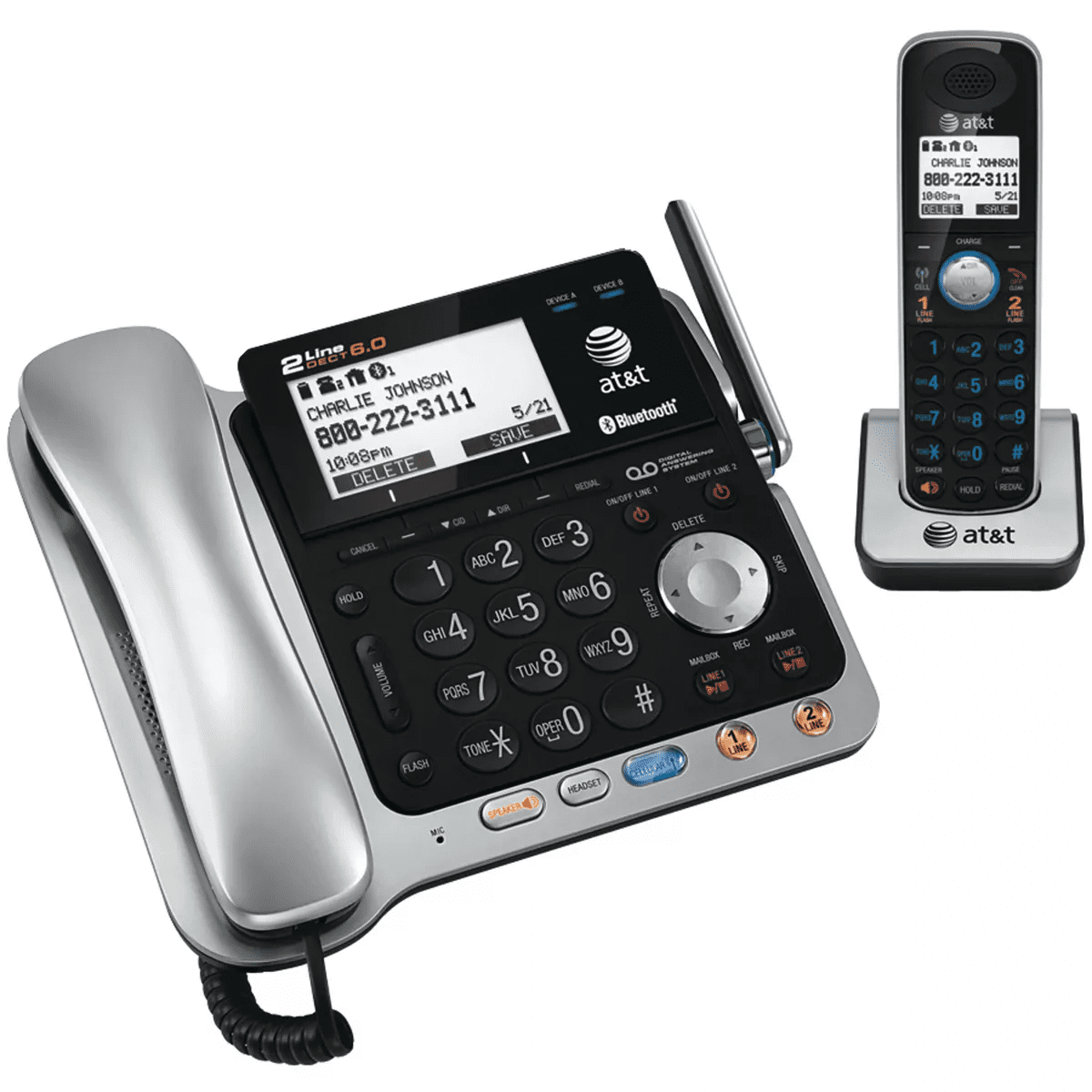 AT&T® 2-Line 2-Handset DECT 6.0 Expandable Cordless Phone System for Landline, Answering System, Bluetooth® Connect to Cell, and Caller ID in Black - Image 2
