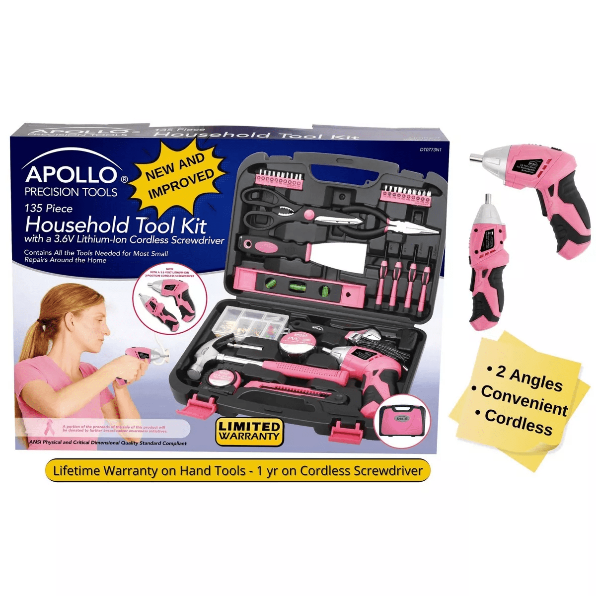 Apollo Tools 135Pc Household Tool Kit DT0773N1 Pink: Women'S Tool Set with Chrome-Plated & Carrying Case - Image 7