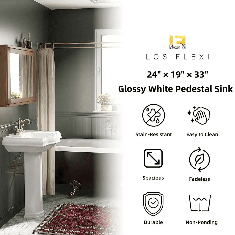 24 In. X 19 In. White Ceramic Rectangular Pedestal Bathroom Sink with Overflow and 3-Faucet Holes - Image 8