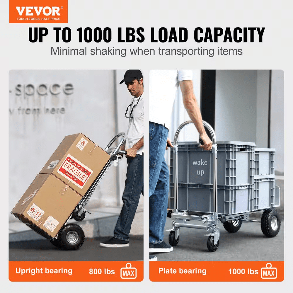 4-In-1 Aluminum Folding 1000 Lbs. Capacity Hand Truck with Rubber Wheels Heavy-Duty Industrial Collapsible Cart - Image 3