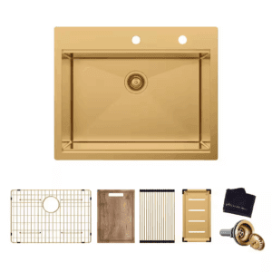27 In. Drop-In Single Bowl 18-Gauge Gold Stainless Steel Workstation Kitchen Sink with Accessories