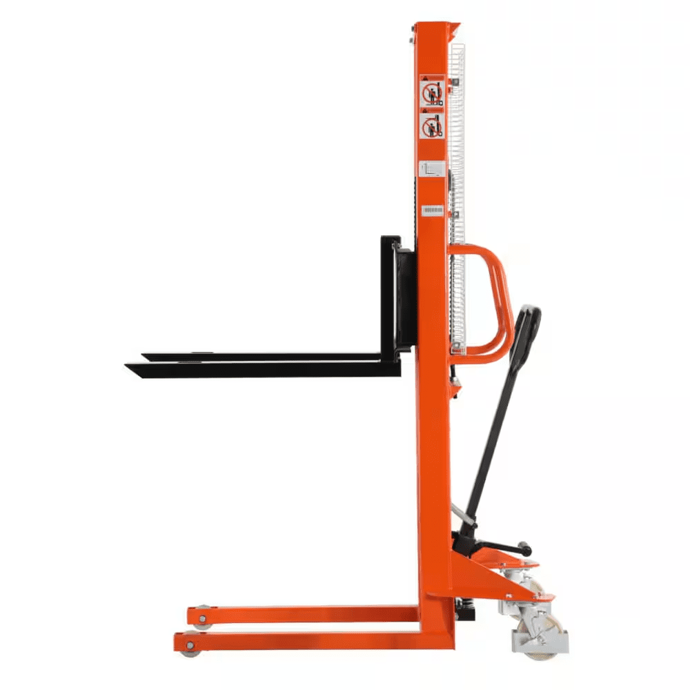 1,100 Lbs. Hand Pallet Stacker Manual Walkie Stacker with Fixed Legs 63 In. Lift High Adjustable Forks Orange - Image 3