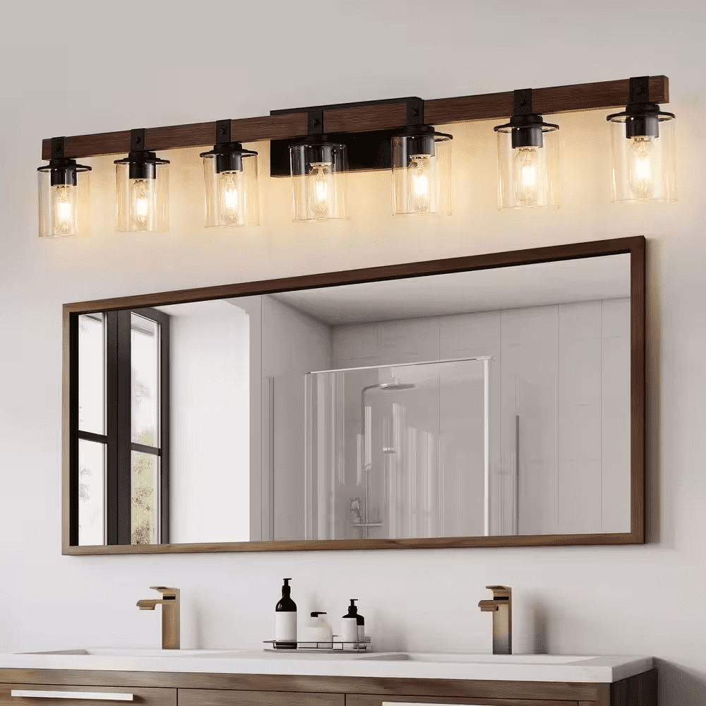 50 In. 7-Light Black and Walnut Industrial Bathroom Vanity Light with Clear Glass Shade - Image 9
