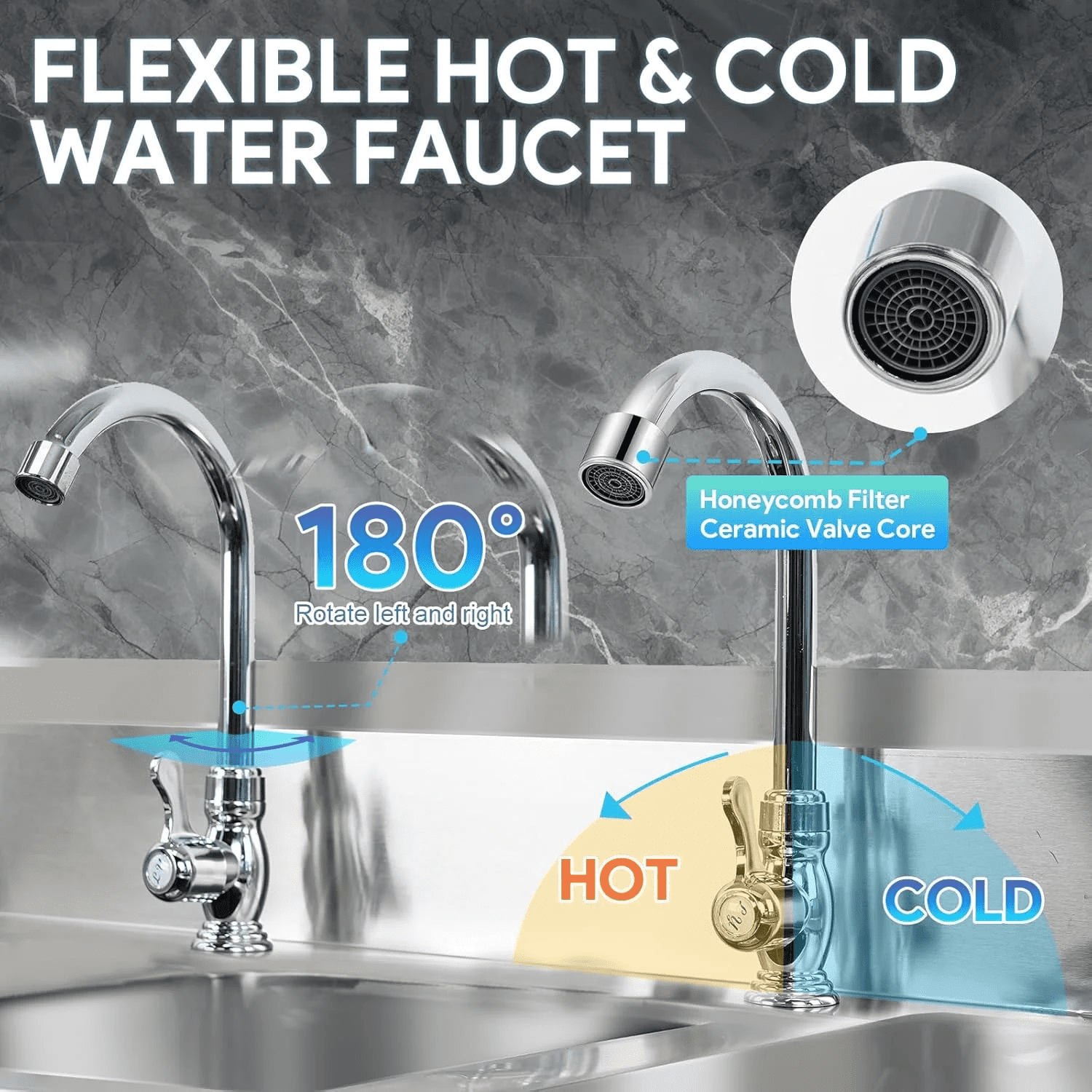 3-Compartment Sink, 39'' X 18'' X 36'' Stainless Steel Utility Sink, Free Standing Three Bowl Kitchen Sink Set with 2 Faucets Hot & Cold Water Pipes for Food Truck, Bar, Restaurant - Image 5