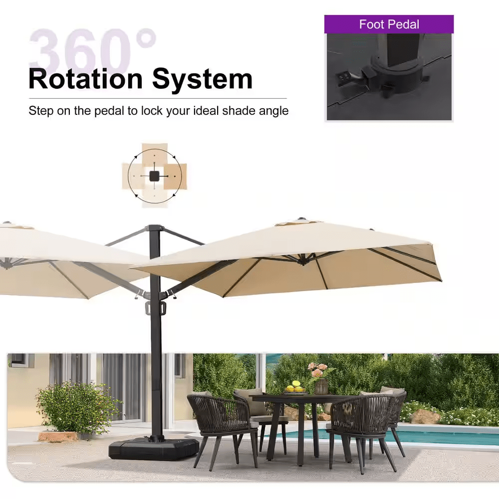 10 Ft. Square Large Outdoor Aluminum Cantilever 360-Degree Rotation Patio Umbrella with Base, Beige - Image 6