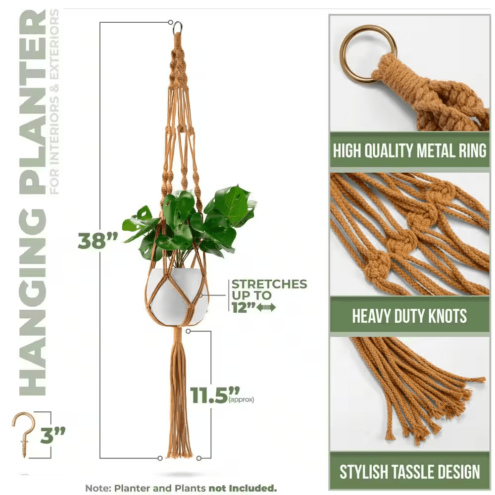 Macrame Plant Hanger, 12 in X 41 in Brown Cotton round Indoor/Outdoor Hanging Planter 4-Pack, for Home, Patio, Garden - Image 3