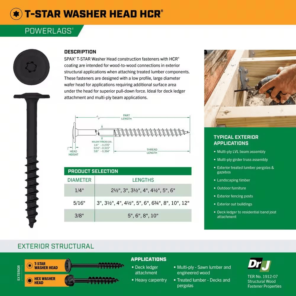 5/16 In. X 5 In. Exterior Powerlag Washer Head Torx T-Star Structural Wood Lag Screws (150-Piece) Bulk Mini Bit Included - Image 3