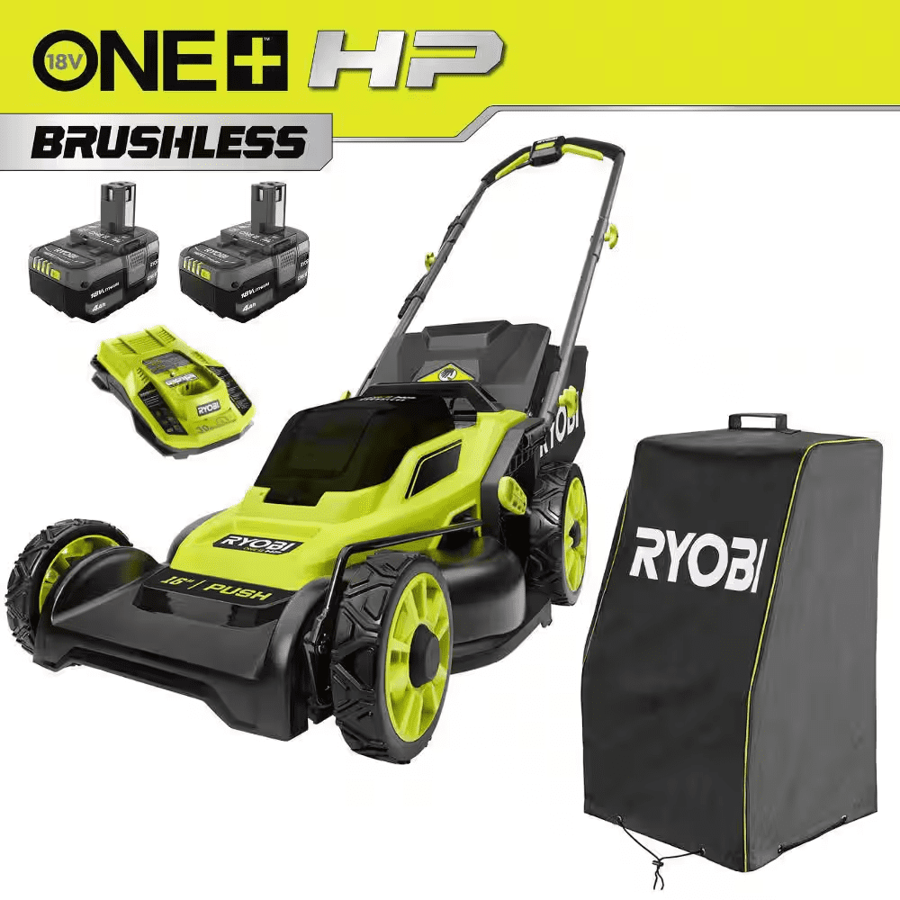 ONE+ HP 18V Brushless 16 In. Cordless Walk behind Push Mower W/ UV Resistant Cover, (2) 4.0 Ah Batteries & (1) Charger