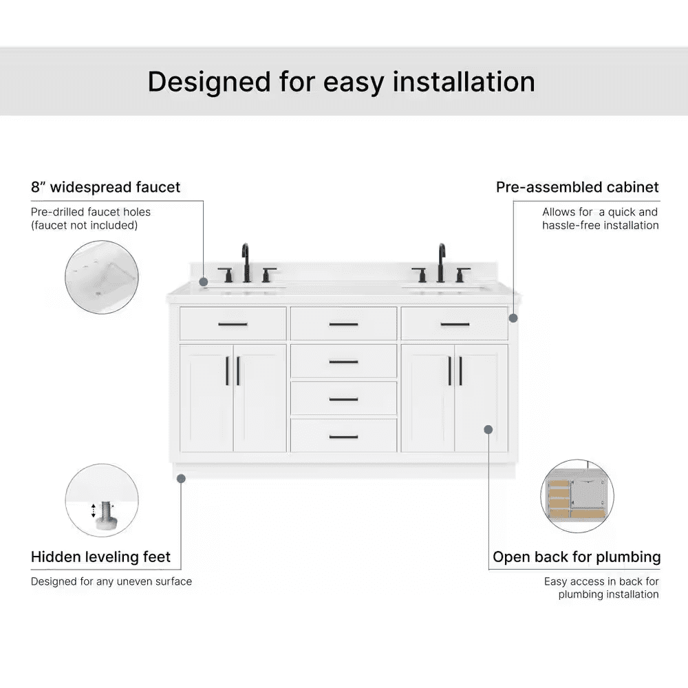 Hepburn 66 In. Double Sink Freestanding Bathroom Vanity in White with Carrara White Quartz Top - Image 7