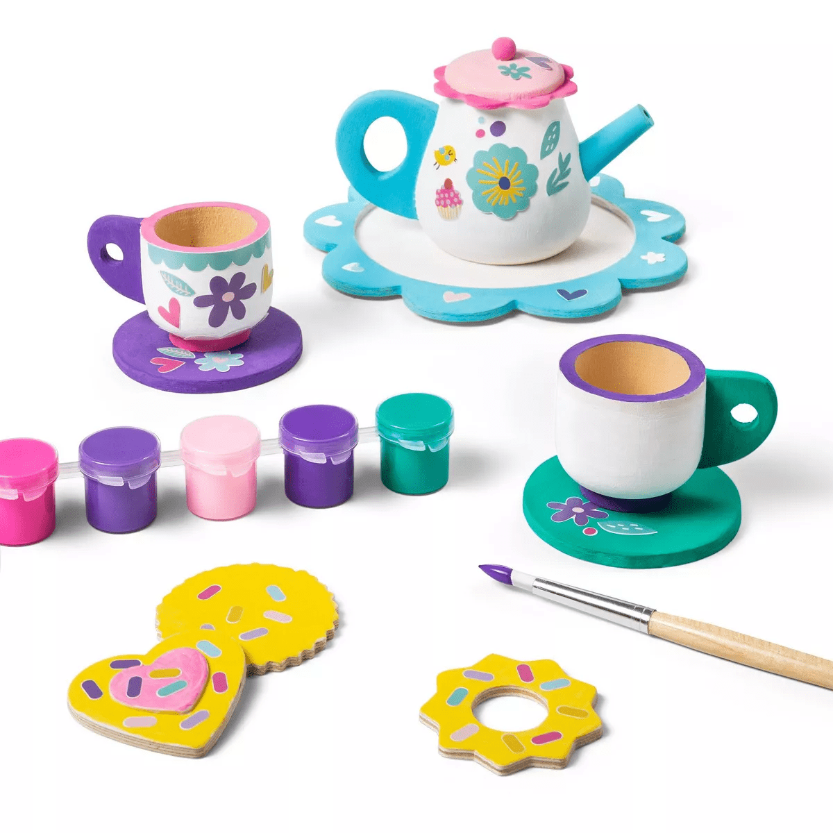 Paint-Your-Own Wood Tea Set Kit - Mondo Llama™: Custom Tea Sets for 4 Year Olds, Includes Paint & Stickers - Image 4