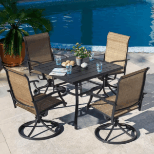 5-Piece Steel Sling Outdoor Patio Dining Set with Square Table and Swivel Dining Chairs in Brown
