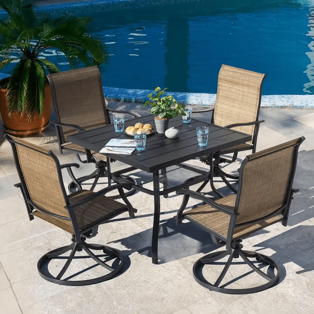 5-Piece Steel Sling Outdoor Patio Dining Set with Square Table and Swivel Dining Chairs in Brown