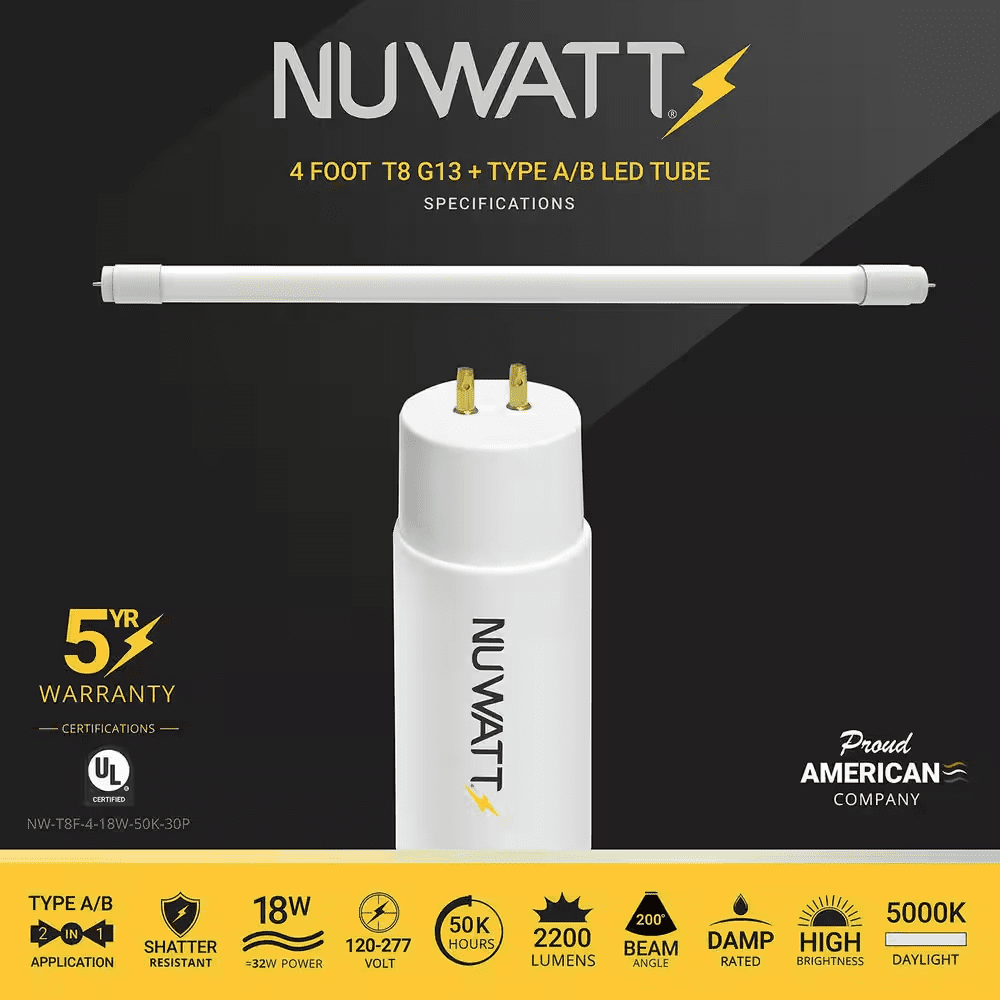 18-Watt 4 Ft. LED Linear T8 Tube Light Bulb Type A&B Ballast Bypass Daylight 5000K (30-Pack) - Image 2
