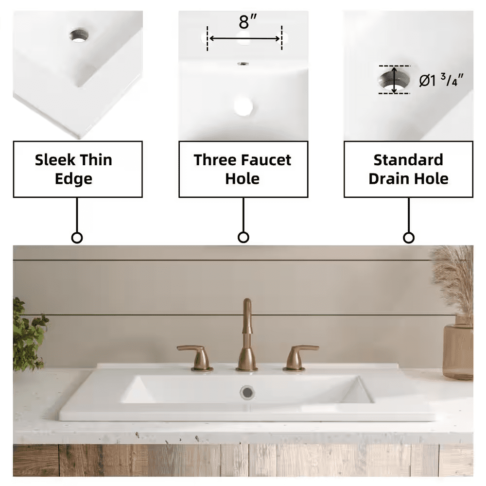 Rectangular Drop-In Bathroom Sink 24 In. X 18 In. White Ceramic Semi-Recessed Vessel Sink with Widespread Faucet Holes - Image 8