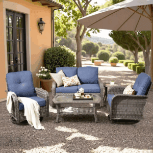 Ruby Grey 5-Piece Wicker Outdoor Furniture Patio Conversation Sofa Set with Swivel Chairs and Denim Blue Cushions