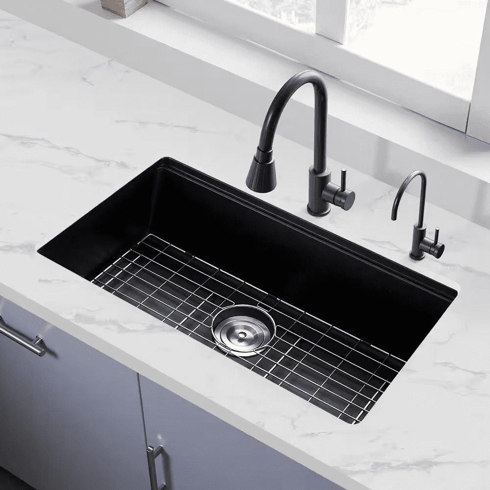 30 In. Undermount/Drop-In Granite Kitchen Sink Workstation Quartz and Resin Single Bowl W/ Accessories Black 2025 Update - Image 9