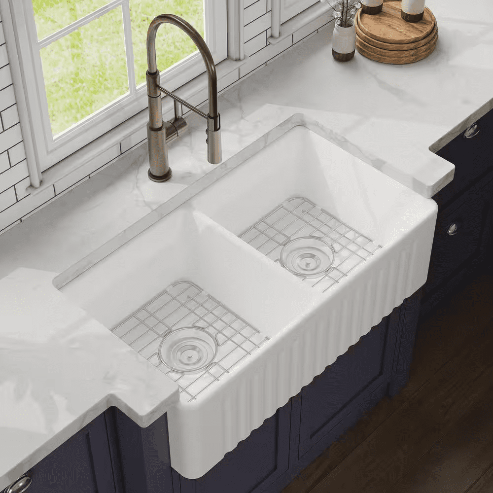 Eclipse White Ceramic 33 In. L 50/50 Rectangular Double Basin Farmhouse Apron Kitchen Sink with Grid and Strainer - Image 15