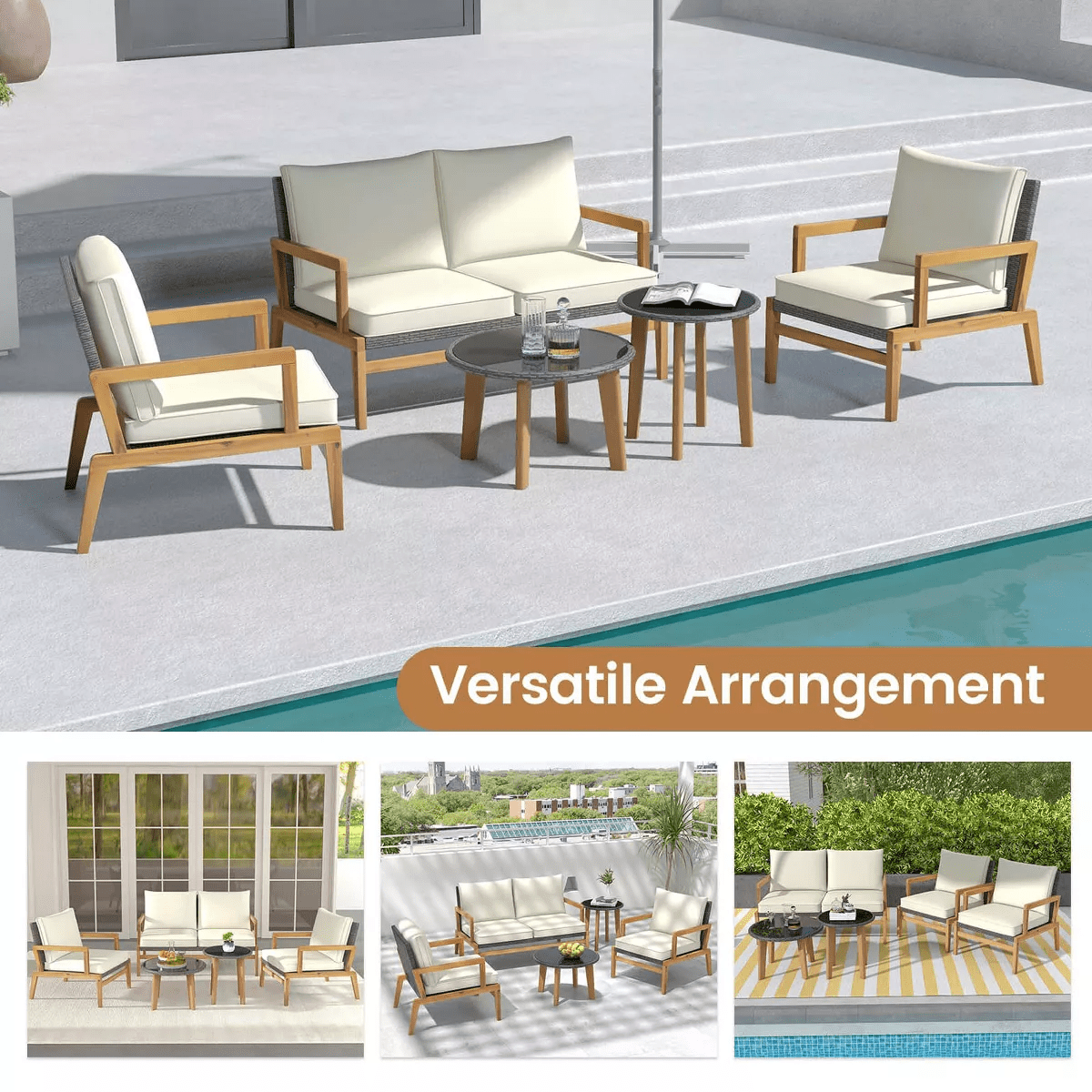 Costway 5 Piece Rattan Furniture Set Wicker Woven Sofa Set with Solid Acacia Wood Frame - Image 9