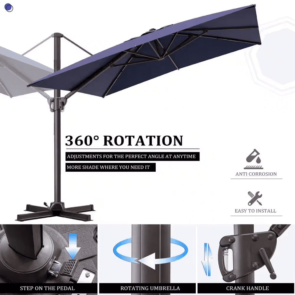 11 Ft. X 9 Ft. Rectangular Aluminum Offset 360° Rotation Cantilever Patio Umbrella in Navy Blue, 260 Lbs. Umbrella Base - Image 5