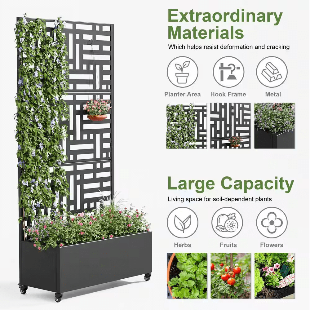 72 In. X 35 In. Black Outdoor Metal Privacy Screen Raised Planter Box Wall Decor - Image 10