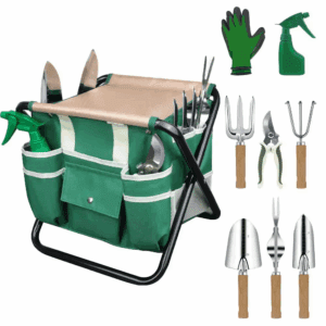 10-Piece Garden Tool Set Heavy Duty Stainless Steel with Folding Stool Detachable Tote Bag for Gardening