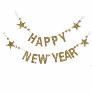 Happy New Year Banner Golden Glitter Bunting Party Holiday Decoration for Home Office Bar Shopping Mall