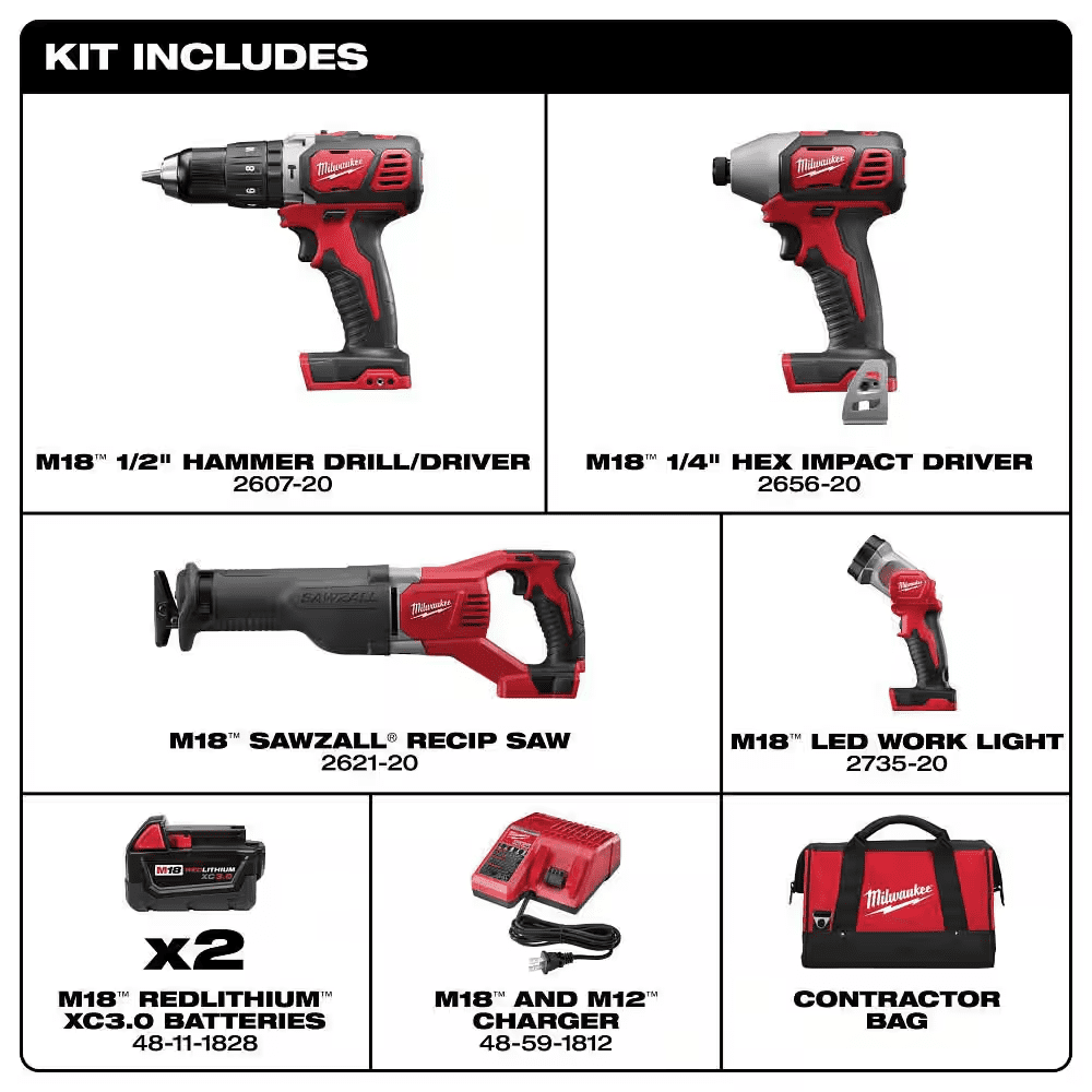 M18 18V Lithium-Ion Cordless Combo Tool Kit with Two 3.0Ah Batteries, 1-Charger, 1-Tool Bag (4-Tool) - Image 2