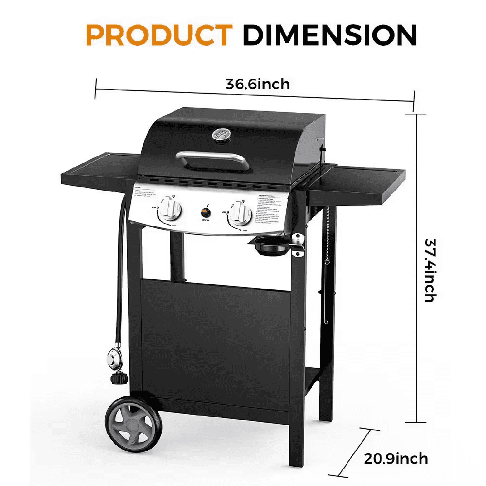 2 Burner Stainless Steel Portable Propane Gas Grill in Black - Image 7
