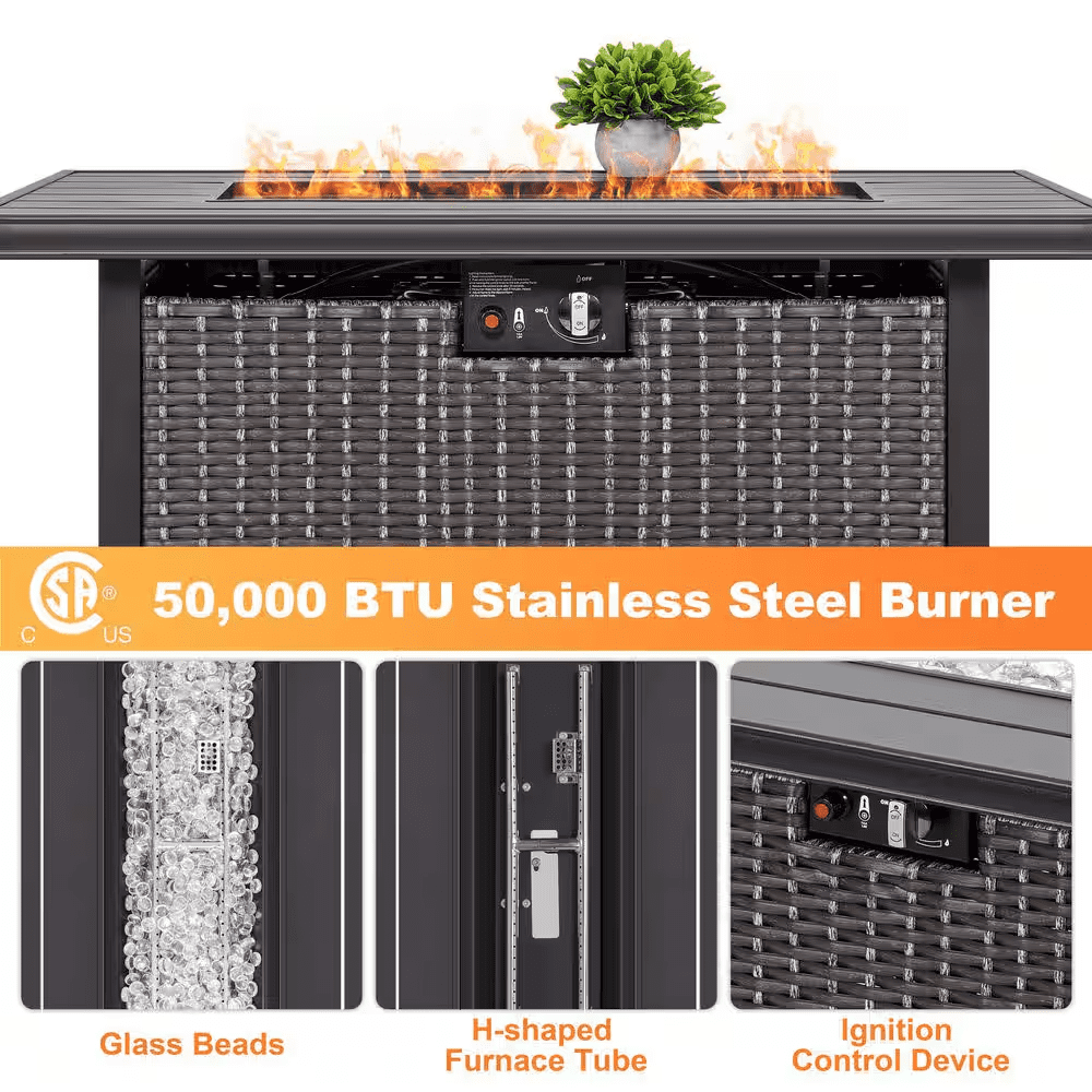 Brown 43 In. 50000 BTU Rectangular Wicker Aluminum Propane Gas Outdoor Fire Pit Table with Removable Lid Fire Glass - Image 5