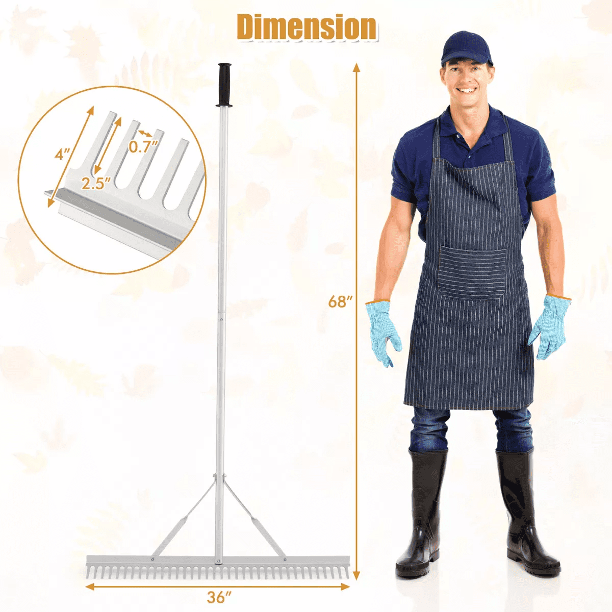 Costway Landscape Rake with 36" Head & 68" Handle Heavy-Duty Aluminum Leaf Rake for Lawns - Image 3