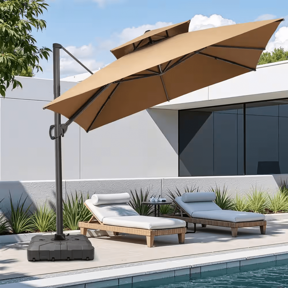 11 Ft. X 11 Ft. Double Top Cantilever Tilt Patio Umbrella in Tan Brown with 260 Lbs. Base Stand - Image 2