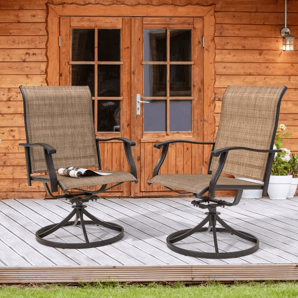 2-Piece Swivel Steel Sling Outdoor Patio Dining Chairs, Brown - Image 2