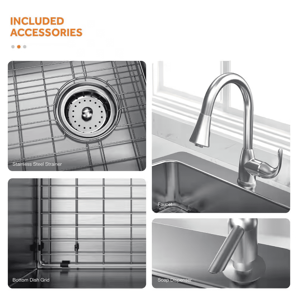 33 In. Drop-In Single Bowl 18 Gauge Stainless Steel Kitchen Sink with Pull-Down Faucet - Image 7