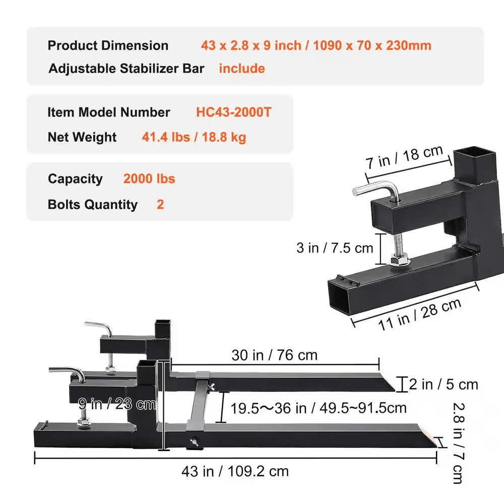2000 Lbs. Clamp on Pallet Forks 43 In. Total Length Tractor Bucket Forks with Adjustable Stabilizer Bar - Image 8