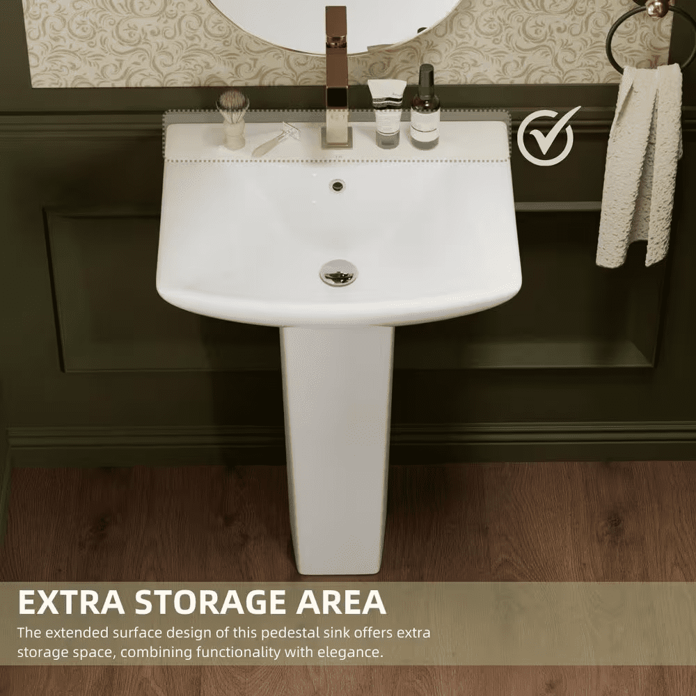 24 W X 19 D In. Pedestal Sink, White Rectangular Ceramic Freestanding Sink with Overflow and 1 Pre-Drilled Faucet Hole - Image 12