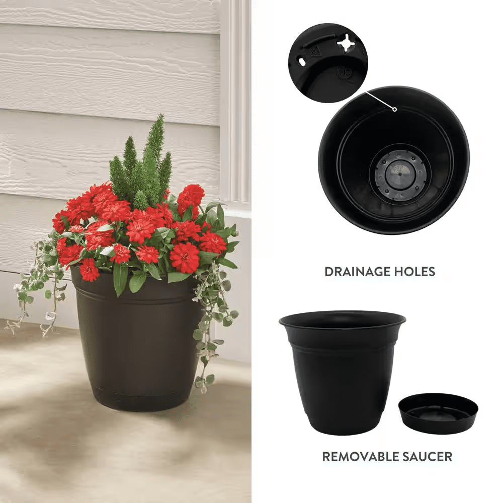 12 In. Mirabelle Medium Black Plastic Planter (12 In. D X 10.5 In. H) with Drainage Hole and Attached Saucer - Image 3