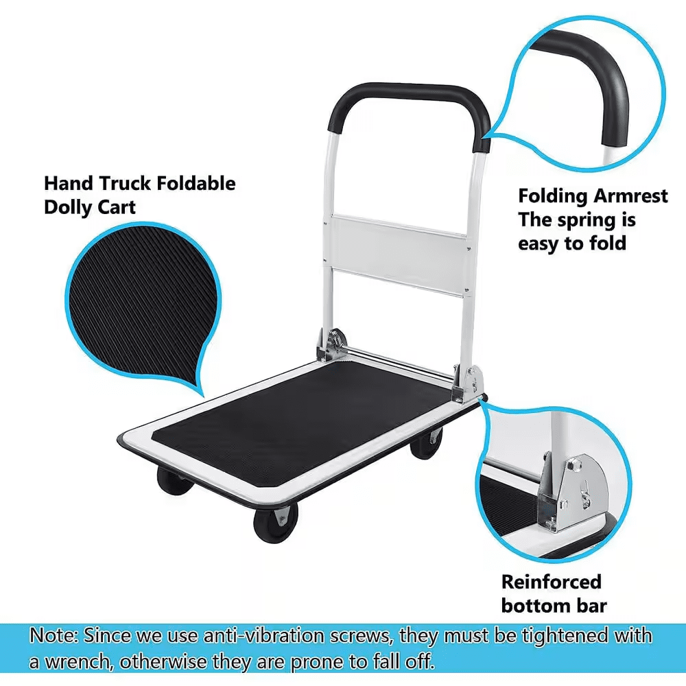 Foldable Push Cart, 330 Lbs. Capacity, 4-Wheel Flatbed Hand Truck, White Platform Dolly for Transport - Image 5