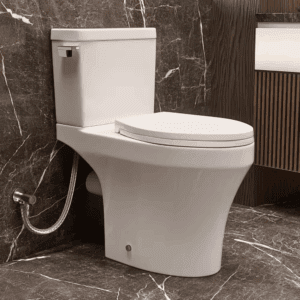 18 In. Rear Discharge Toilet Comfort Height, 1.28 GPF Rimless Flush, Elongated Bowl, Glossy White, Two Extension Pipes