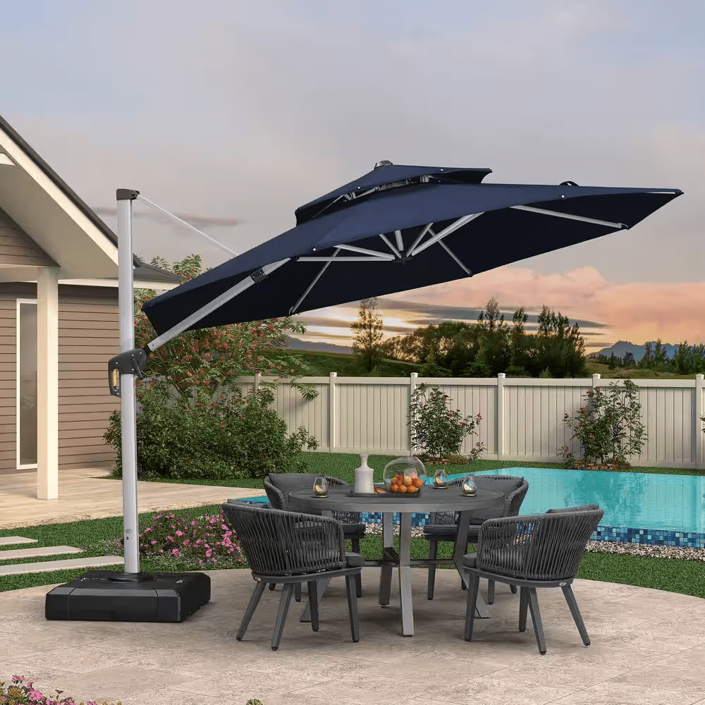 11 Ft. Octagon High-Quality Aluminum Cantilever Outdoor Patio Umbrella with Base, Navy Blue