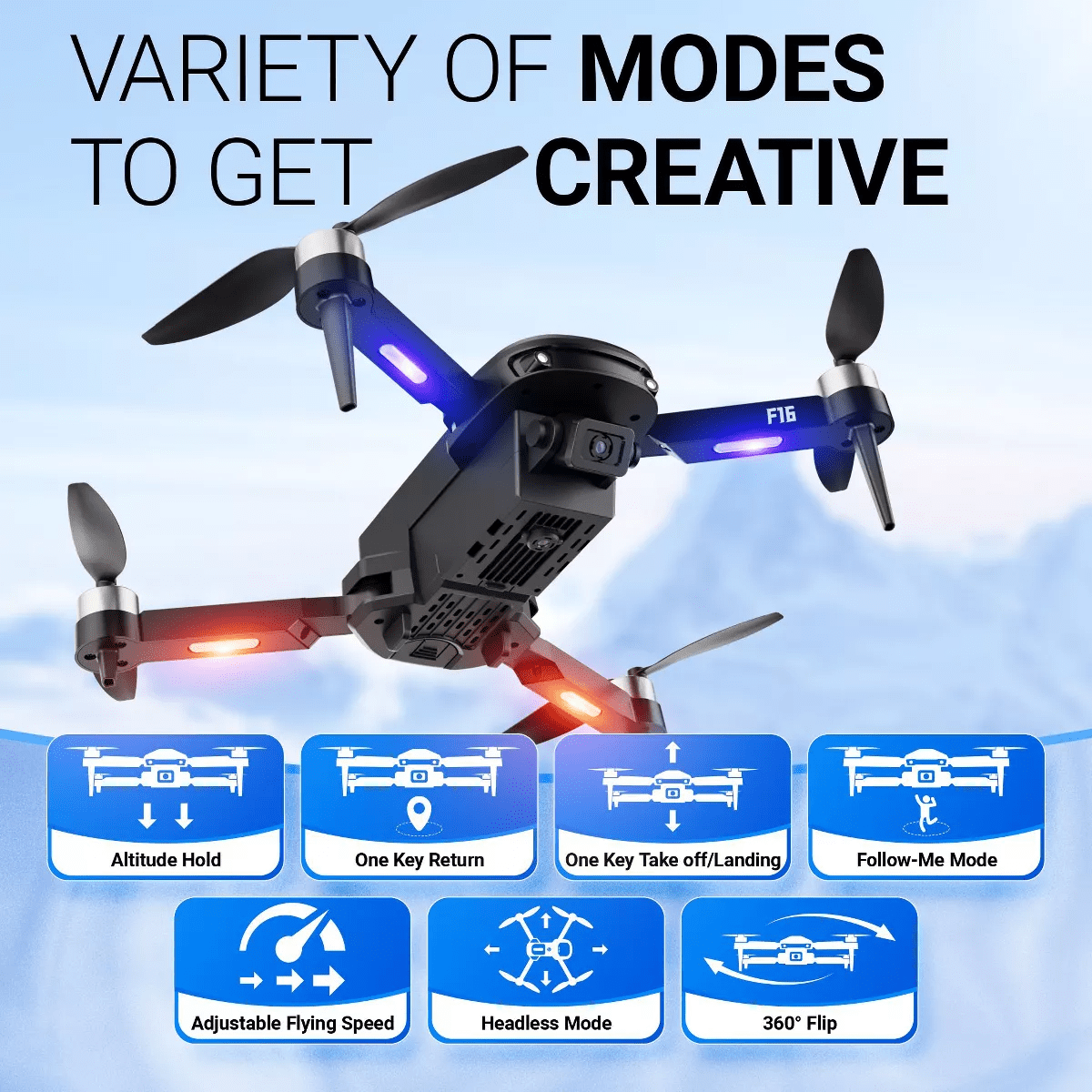 Contixo F16 Ziro Stunt Drone 1080P HD Camera, FPV, Foldable, 16-Min Flight, Brushless Motor, Follow Me – Black - Image 2