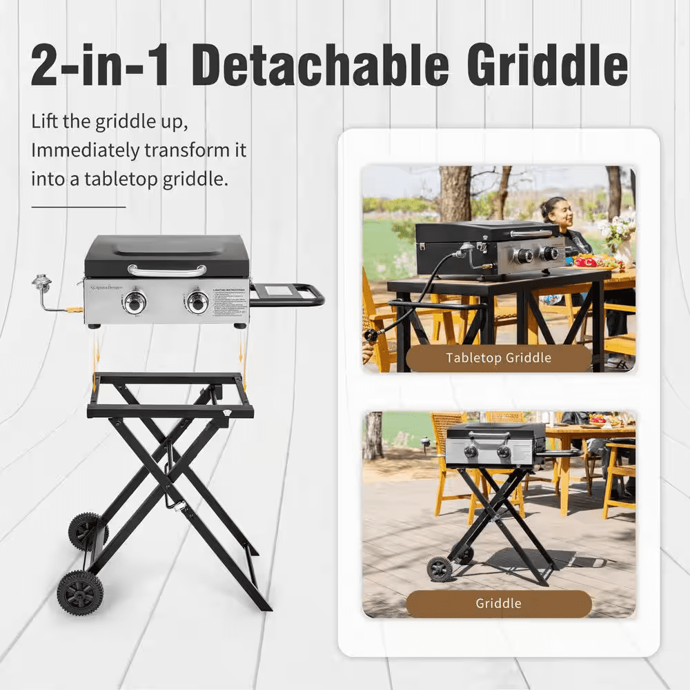 2-Burner Propane Gas Grill Flat Top Griddle with Foldable Cart 2-Type Regulator and Hose in Black - Image 2