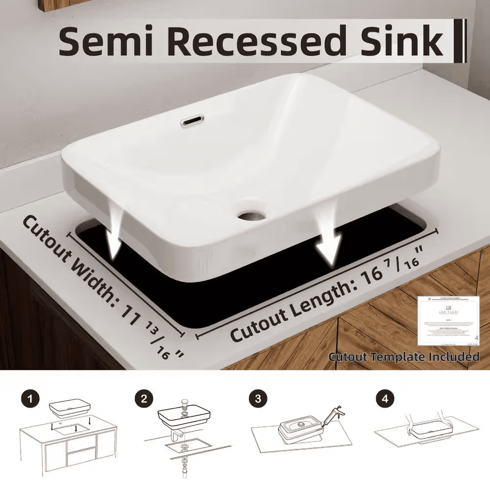 Rectangular Semi Recessed Bathroom Sink 20 In. X 14 In. White Ceramic Vessel Sink with Rear Overflow and Rounded Corners - Image 12
