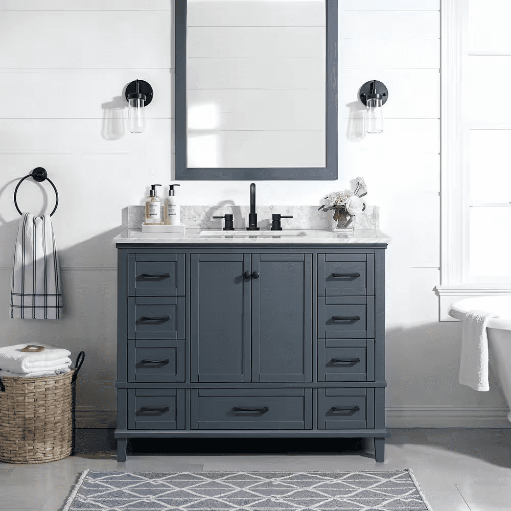 Merryfield 43 In. Single Sink Dark Blue-Grey Bath Vanity with White Carrara Marble Top (Assembled) - Image 11