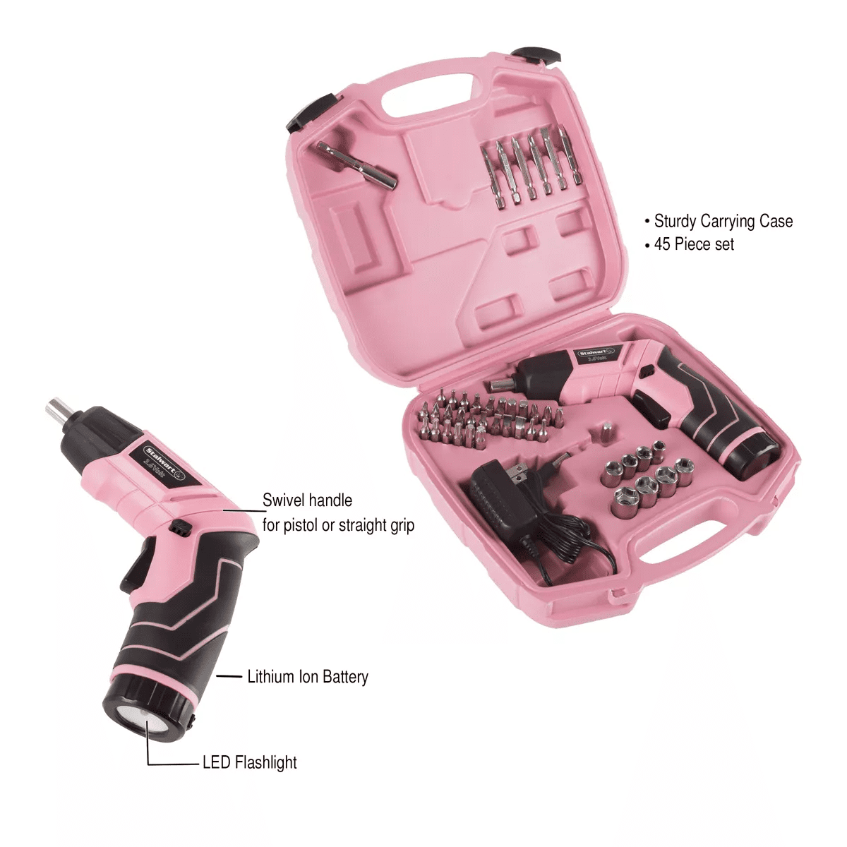 Fleming Supply Pivoting Cordless Power Tool Set - 45 Pieces, Including Screwdrivers, Bits, Sockets, and Case - Pink and Black - Image 3