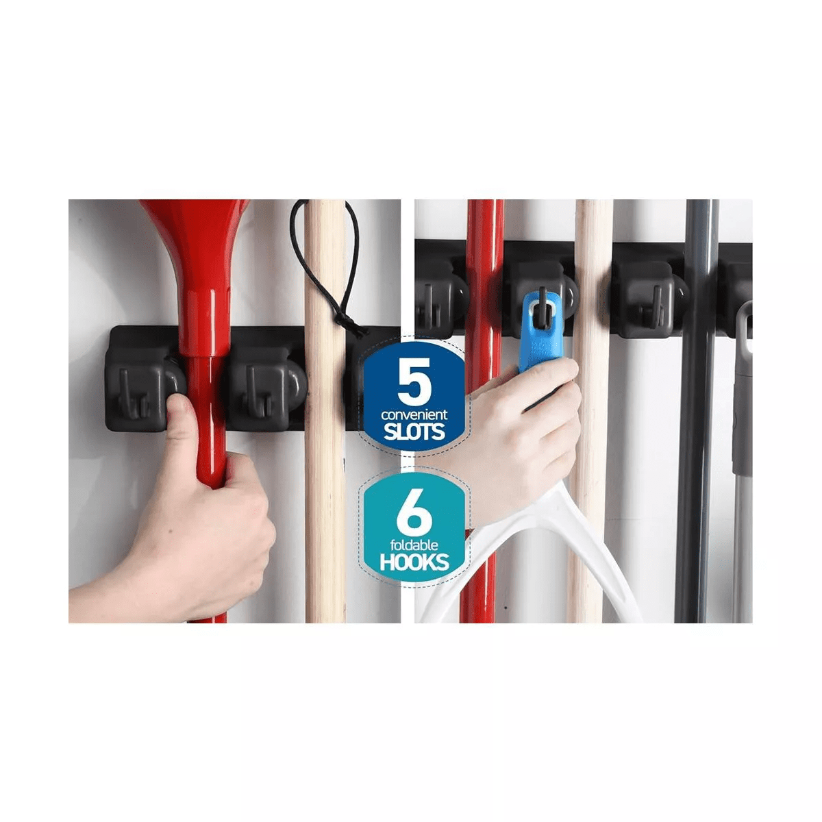 1-2 Pack Broom and Mop Holder Rack - Garage Storage System - Garden Tool Organizer with 5 Slots, 6 Hooks, 7.5Lbs Capacity per Slot off - Homeitusa - Image 8