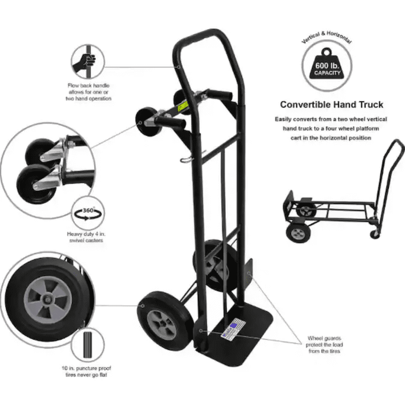 600-Lbs. Capacity 4 -Wheel Black Steel Convertible Hand Truck - Image 3