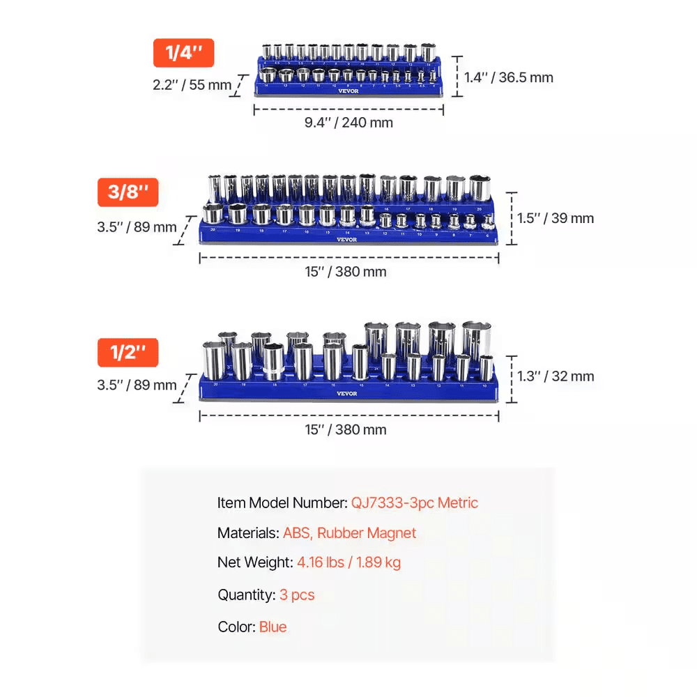 Magnetic Socket Organizer Set, 3-Pieces Magnetic Socket Holder, 1/4 In., 3/8 In. and 1/2 In. Metric Socket Trays - Image 7