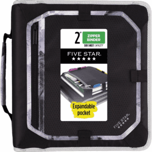 Five Star 2" Sewn Zipper Binder with Expansion Panel Black/Gray: 580 Sheet Capacity, 3 Pockets, Polyester Fabric
