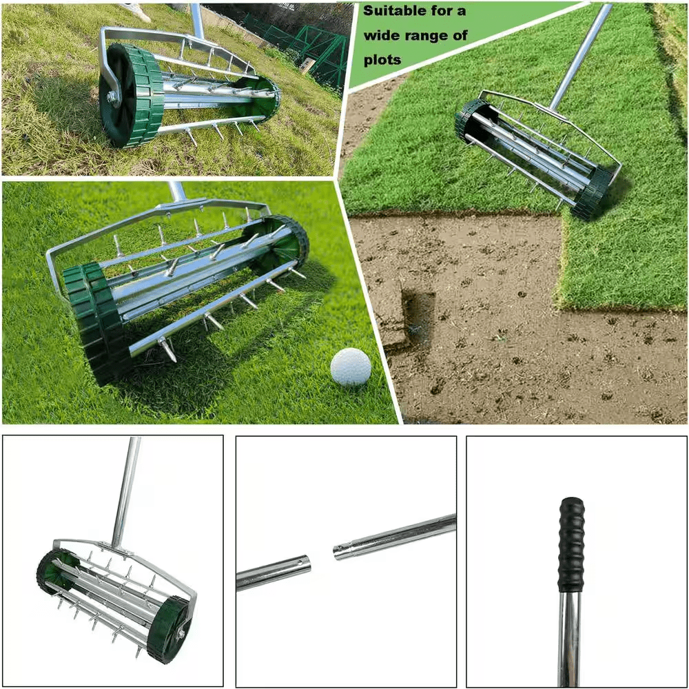Rotary Push Tine Spike Soil Lawn Aerator Gardening Tool with Long Steel Handle for Garden Yard Grass Maintenance, Silver - Image 5