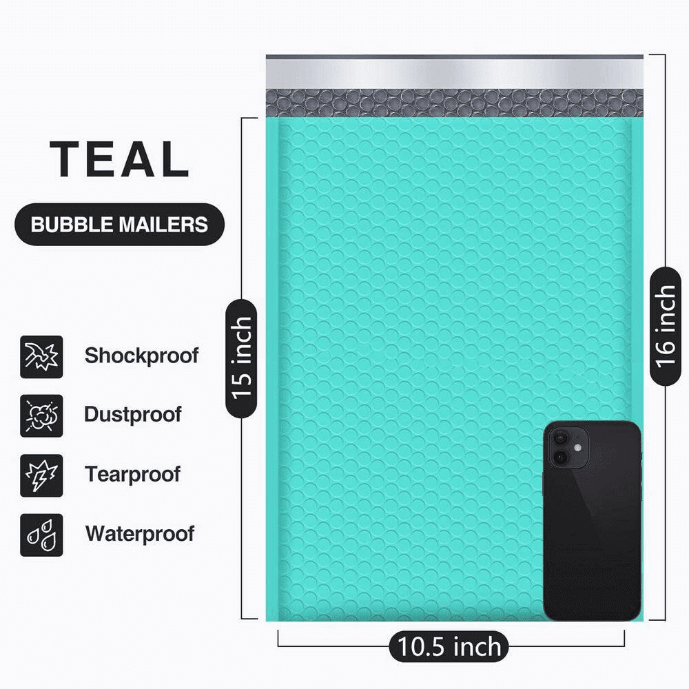 10.5 X 16 In. Poly Bubble Mailers Teal 25 Pack Padded Envelopes Opaque Self Seal Waterproof Shipping Bags - Image 3